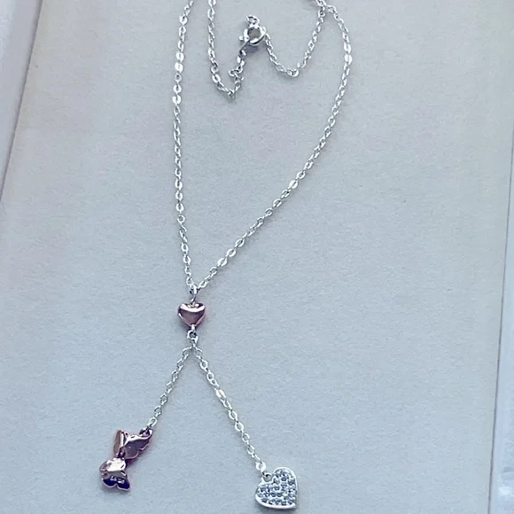 Silver & Rose Gold Tone Pendant Heart & Butterfly - Picture 7 of 8